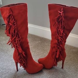 BRECKELLE'S Faux Fringed Stilhetto Knee High Boots in Coral Size 7.5 NIB